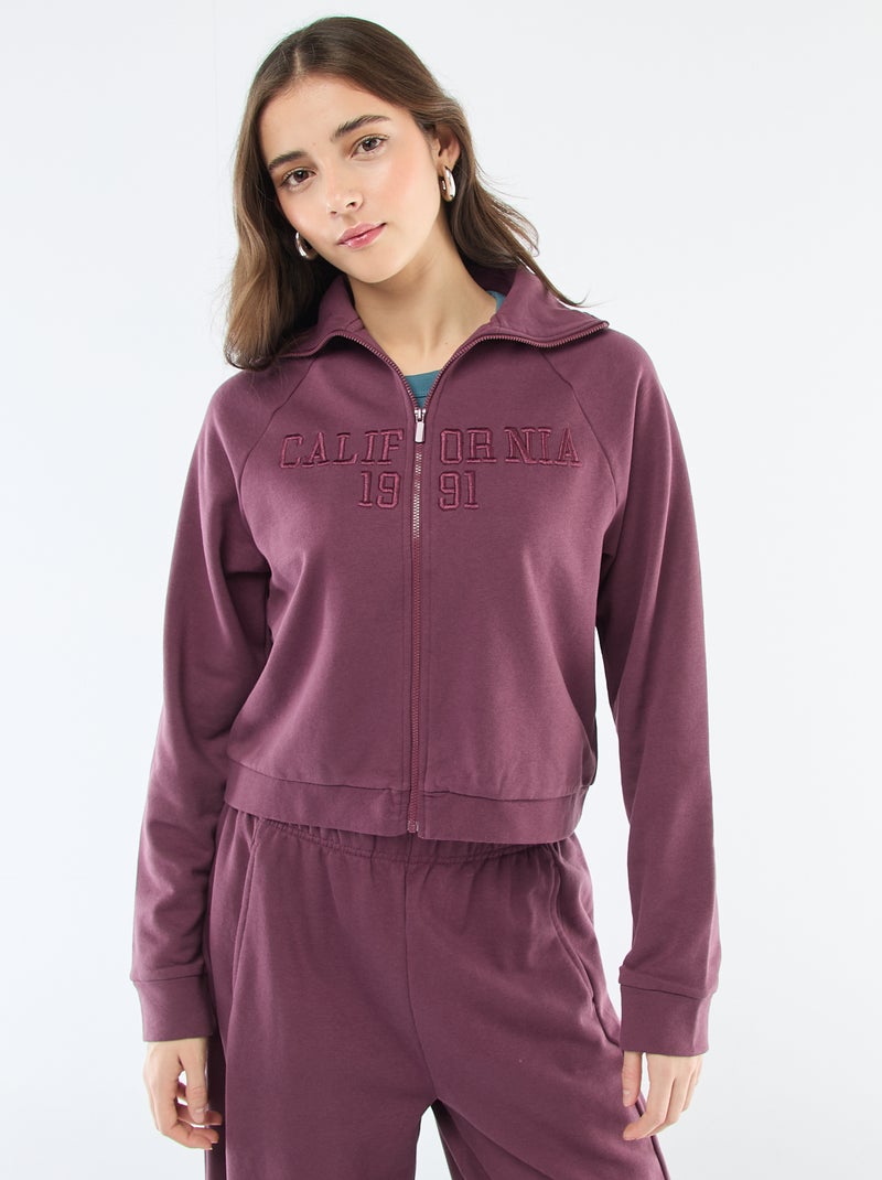Sweat court zippé à message brodé Prune - Kiabi