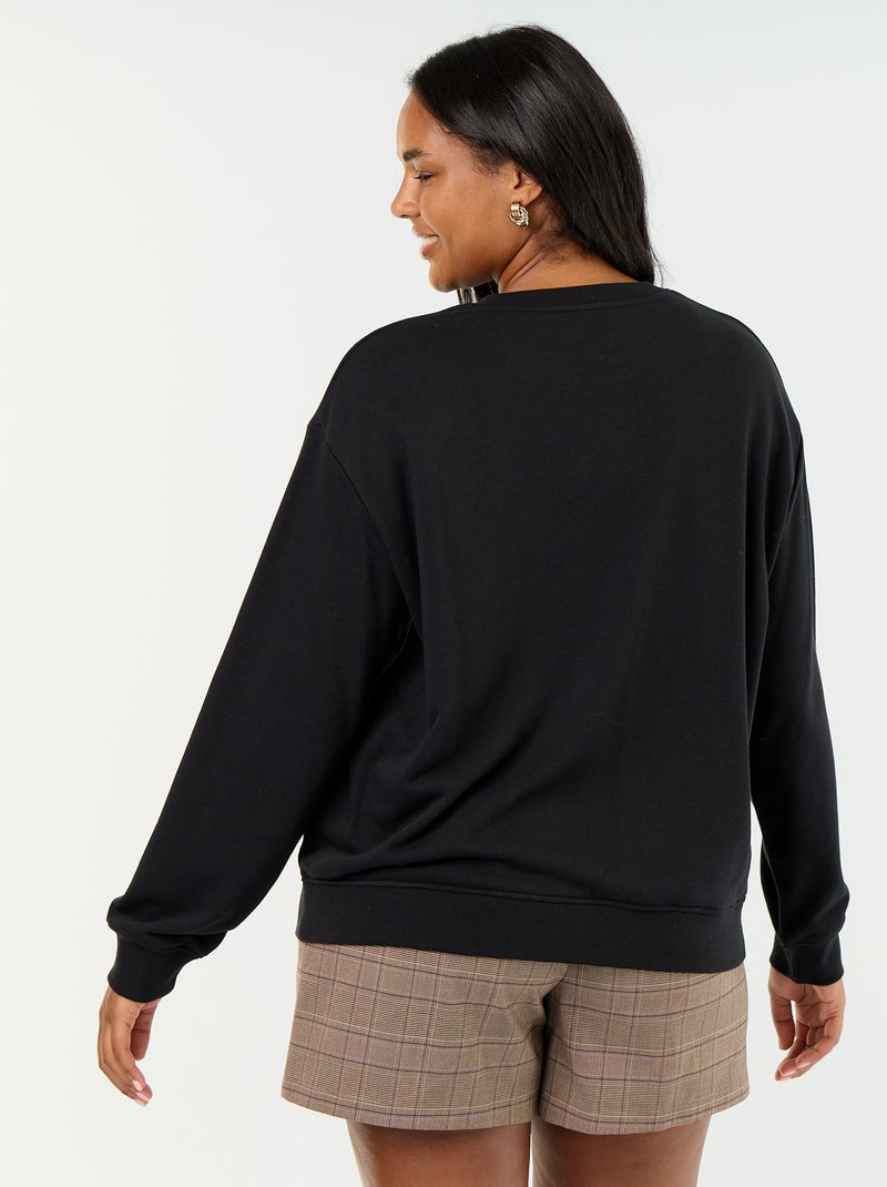 Sweat uni à col rond en French Terry Noir - Kiabi