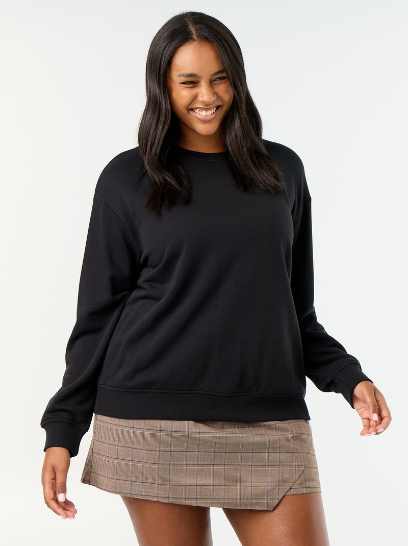 Sweat uni à col rond en French Terry Noir - Kiabi