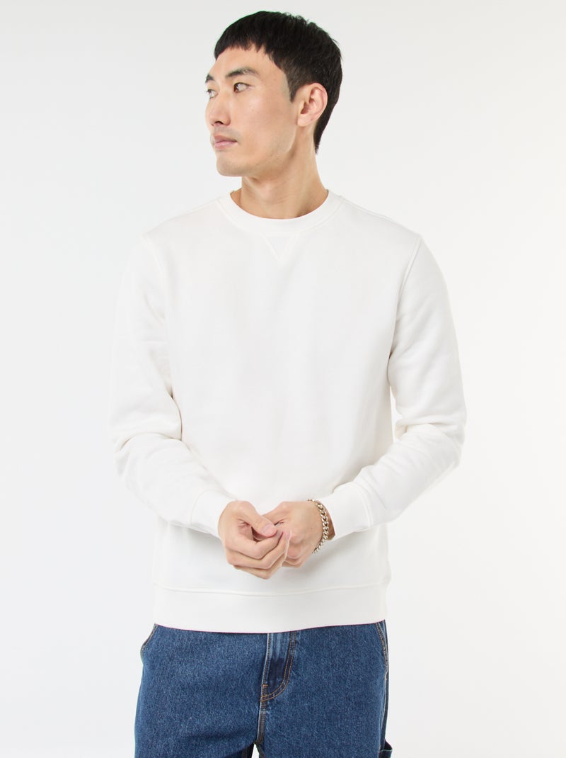 Sweat uni à col rond en molleton gratté Blanc - Kiabi