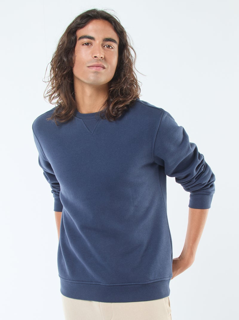 Sweat uni à col rond en molleton gratté Bleu - Kiabi