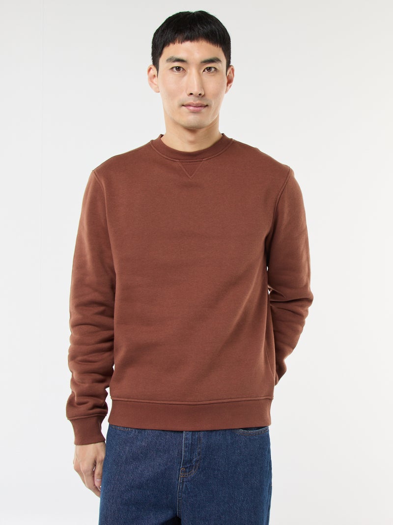 Sweat uni à col rond en molleton gratté Marron - Kiabi