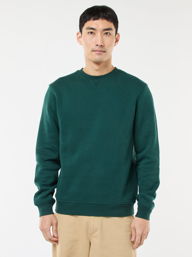 Sweat uni à col rond en molleton gratté Vert - Kiabi