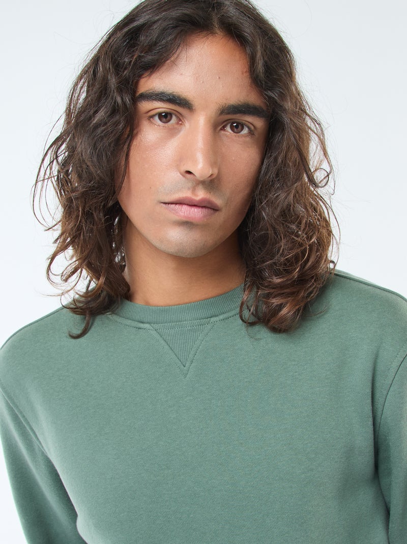 Sweat uni à col rond en molleton gratté Vert - Kiabi