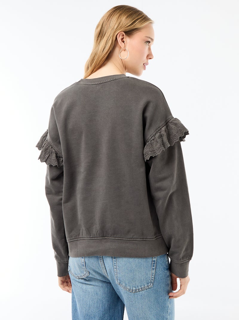 Sweat uni avec volants en borderies anglaises sur les manches Gris - Kiabi