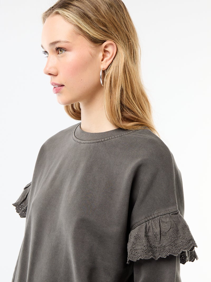 Sweat uni avec volants en borderies anglaises sur les manches Gris - Kiabi