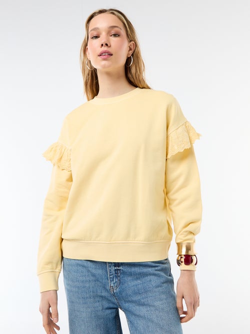 Sweat uni avec volants en borderies anglaises sur les manches - Kiabi