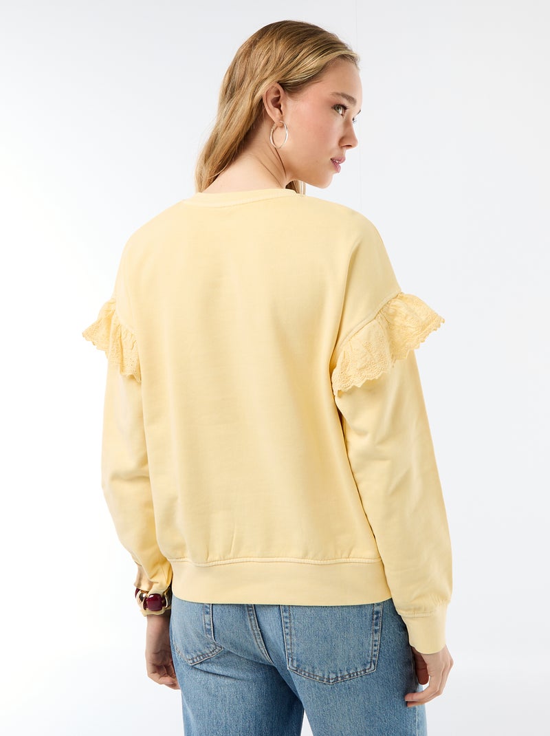 Sweat uni avec volants en borderies anglaises sur les manches Jaune - Kiabi