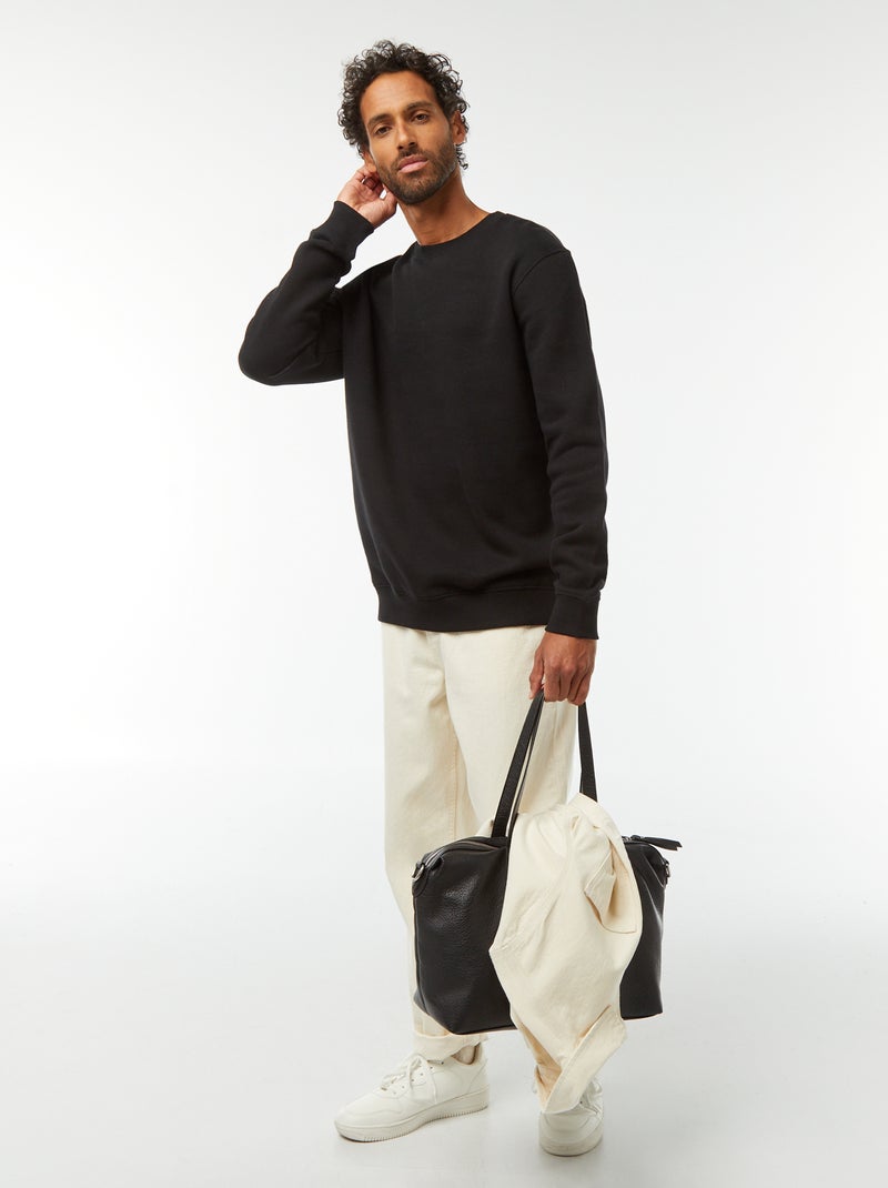 Sweat uni en molleton gratté à col rond Noir - Kiabi