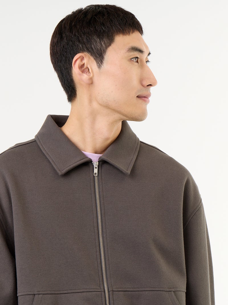 Sweat zippé avec col chemise Kaki - Kiabi