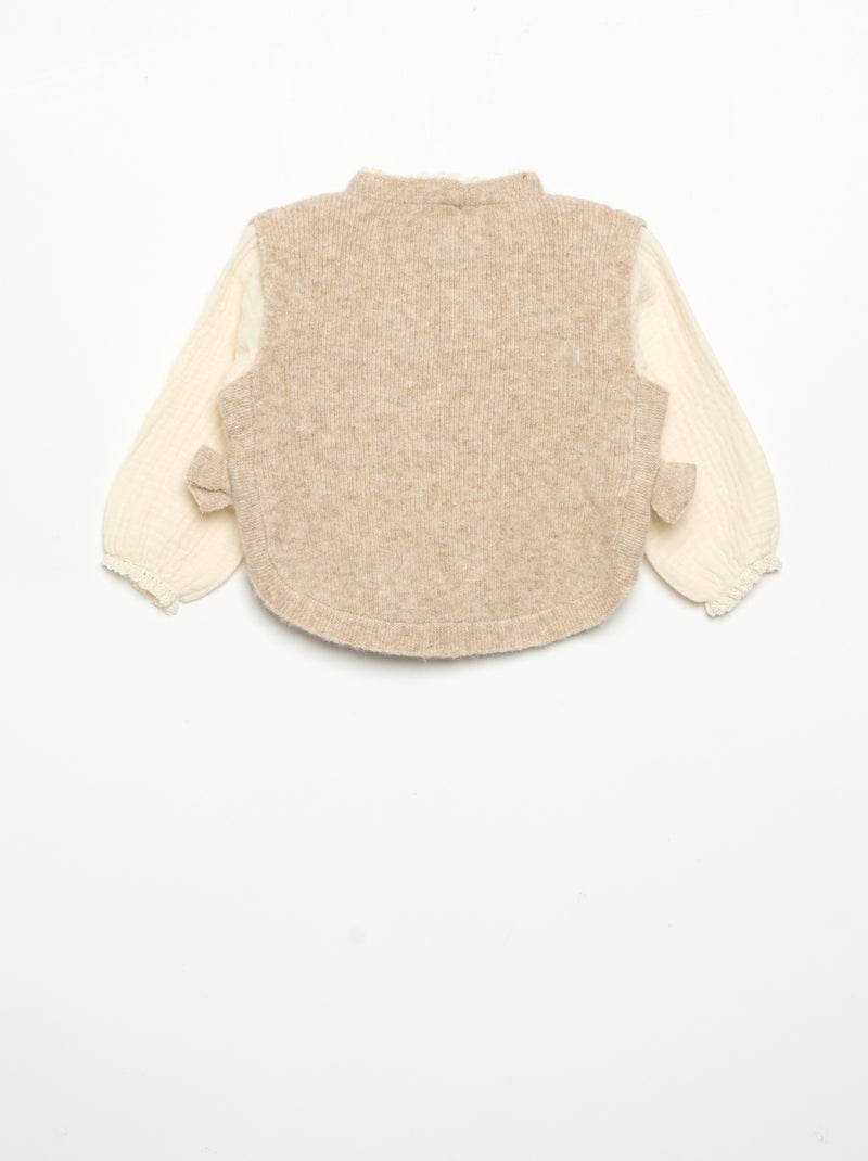 Sweater with bows and cotton voile sleeves Beige - Kiabi