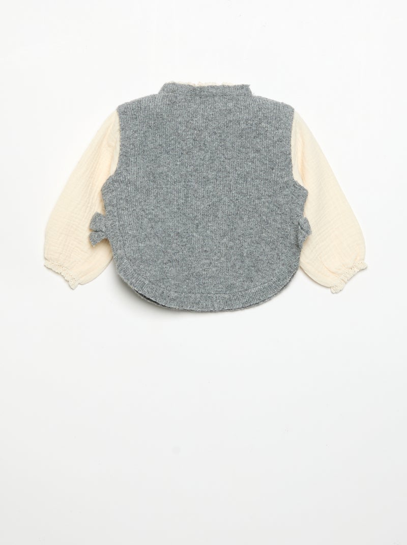Sweater with bows and cotton voile sleeves Grey - Kiabi