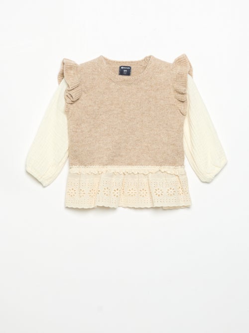 Sweater with cotton voile sleeves and embroidered hem - Kiabi Sweater with cotton voile sleeves and embroidered hem - Kiabi