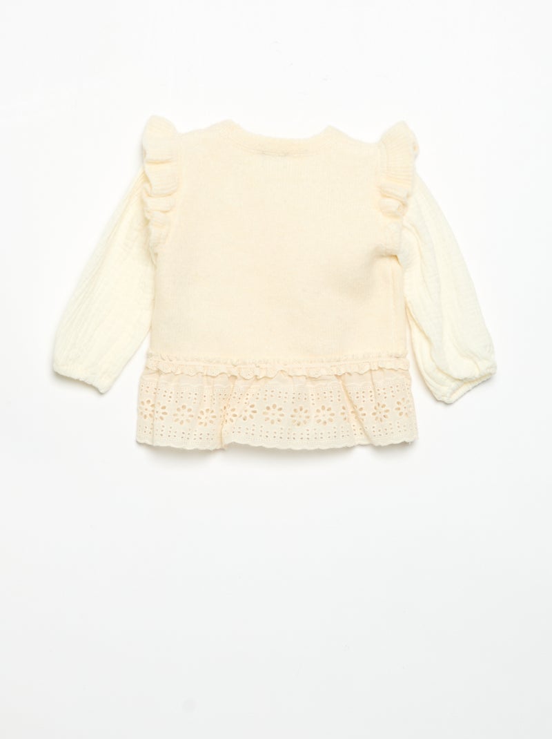 Sweater with cotton voile sleeves and embroidered hem White - Kiabi