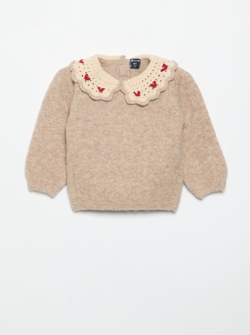 Sweater with embroidered collar Beige - Kiabi