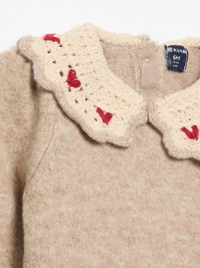 Sweater with embroidered collar Beige - Kiabi