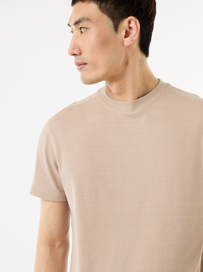 T-shirt à col rond et manches courtes en nid d'abeilles Beige - Kiabi