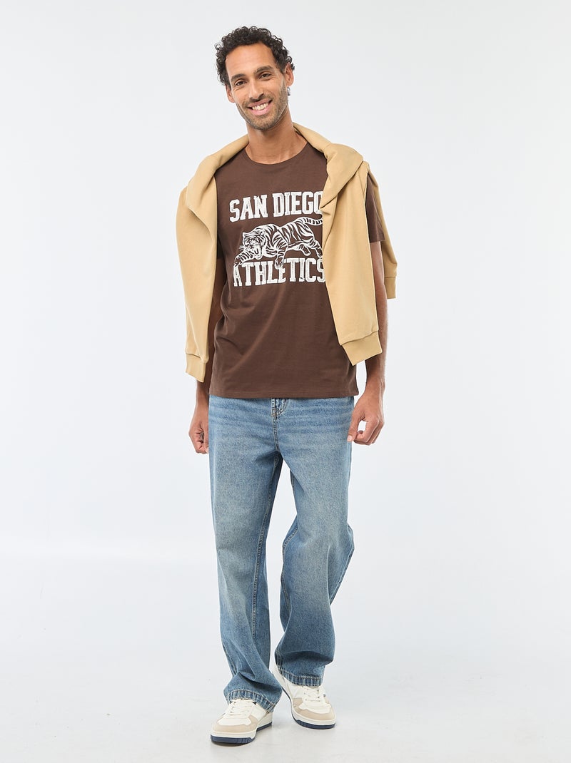 T-shirt à col rond et manches courtes imprimé Marron - Kiabi