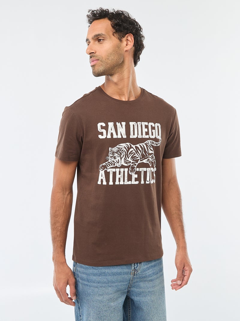 T-shirt à col rond et manches courtes imprimé Marron - Kiabi
