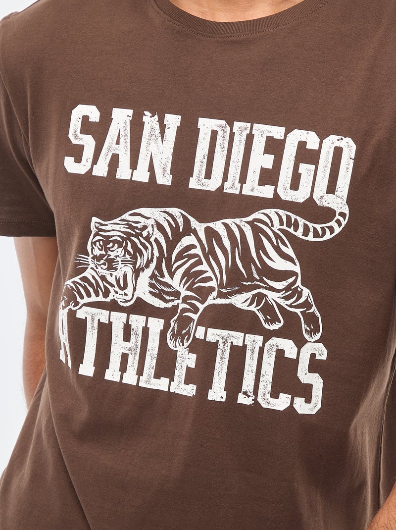 T-shirt à col rond et manches courtes imprimé Marron - Kiabi