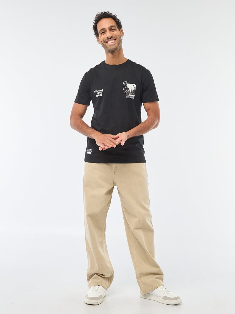 T-shirt à col rond et manches courtes imprimé Noir - Kiabi