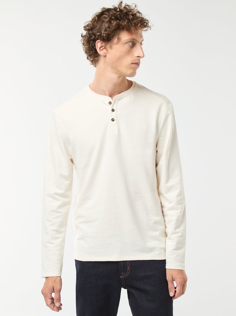 T-shirt à col tunisien manches longues Blanc - Kiabi