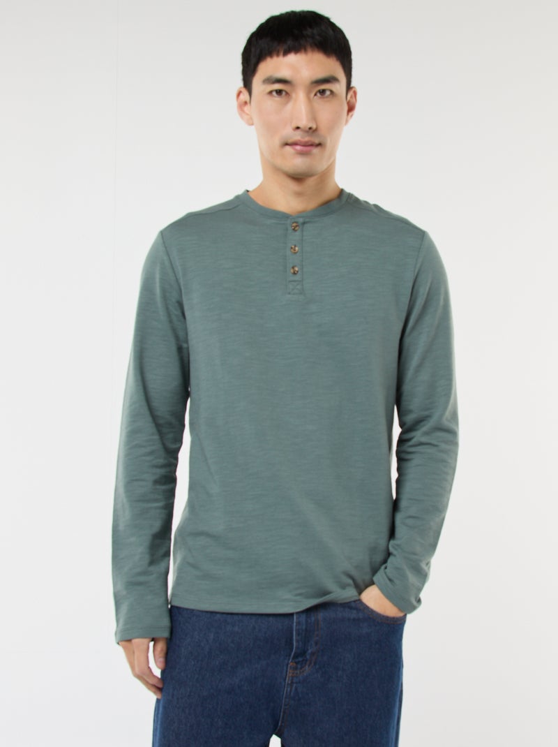 T-shirt à col tunisien manches longues Vert - Kiabi