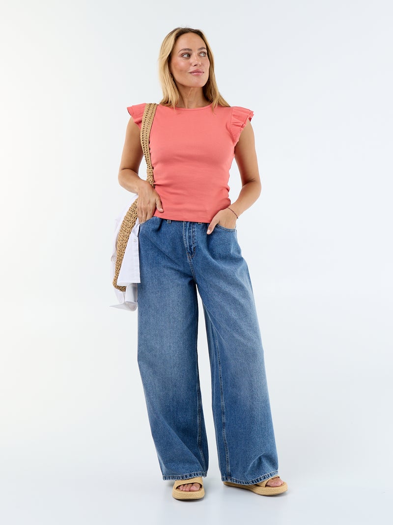 T-shirt a costine con maniche a volant Arancione - Kiabi