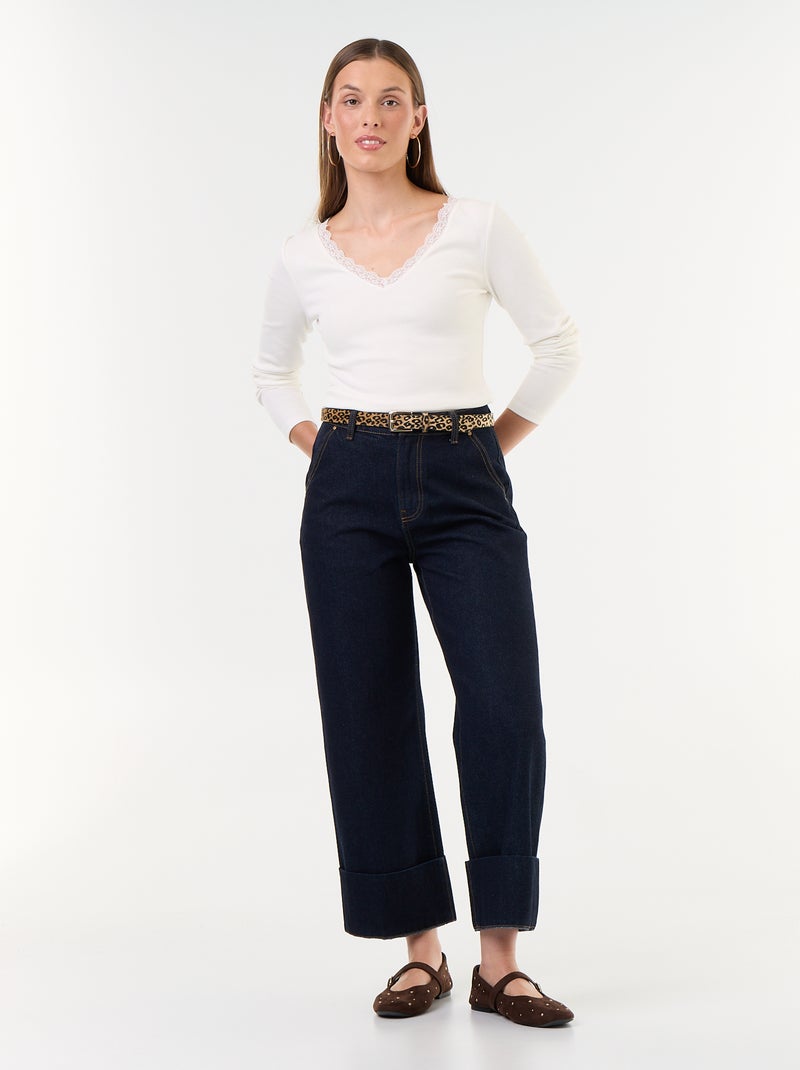 T-shirt a costine con pizzo al collo Bianco - Kiabi