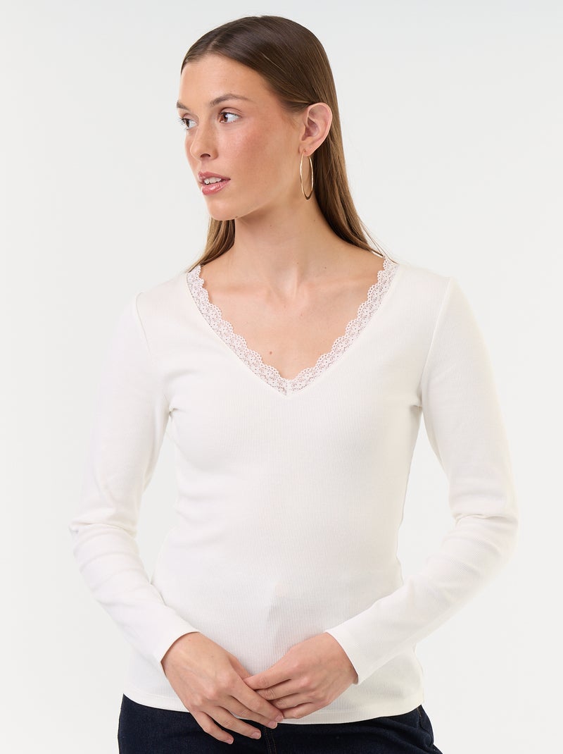 T-shirt a costine con pizzo al collo Bianco - Kiabi