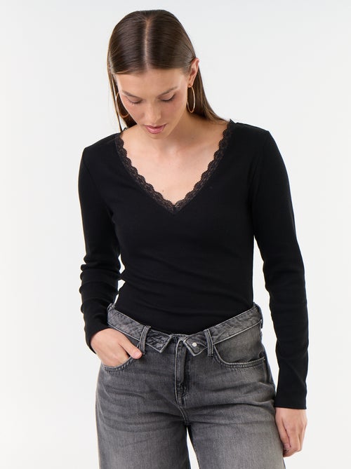 T-shirt a costine con pizzo al collo - Kiabi