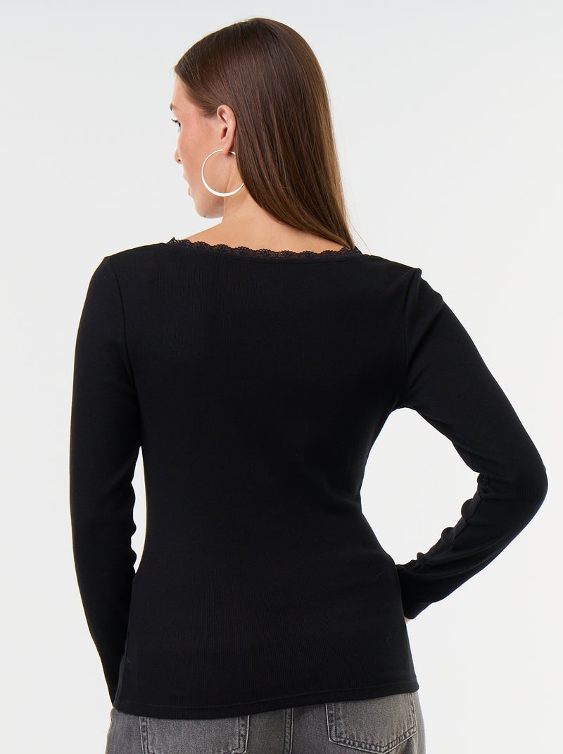 T-shirt a costine con pizzo al collo Nero - Kiabi