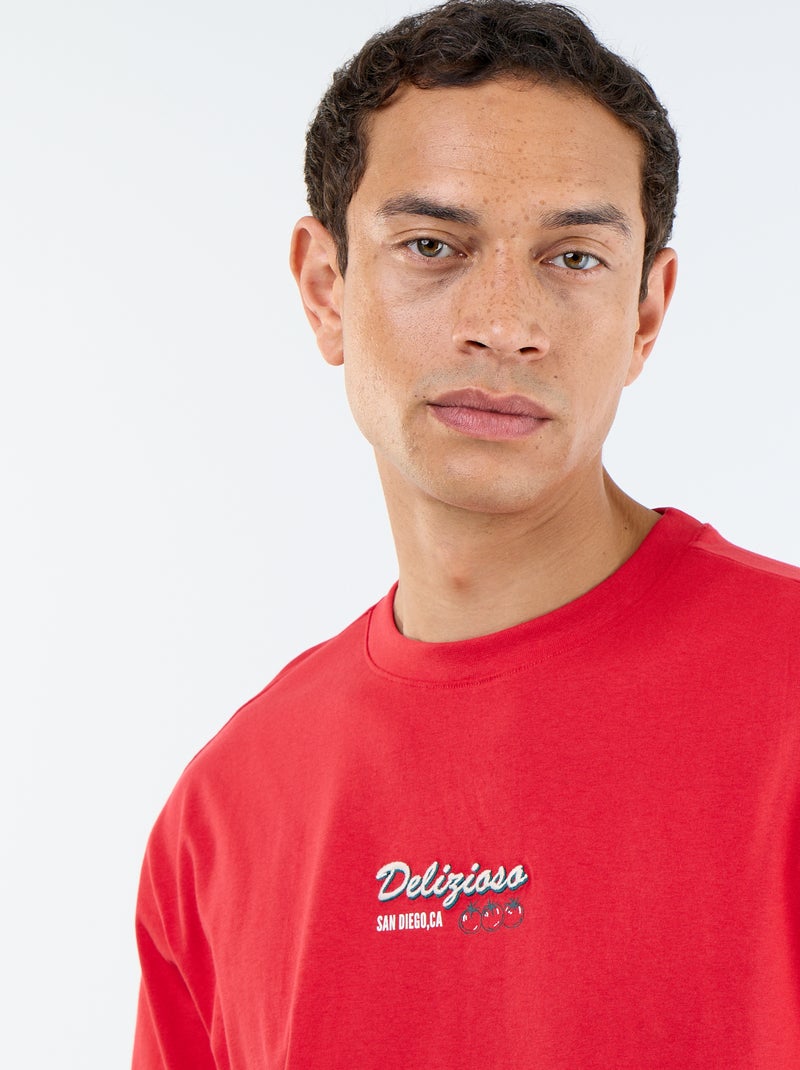 T-shirt à manches courtes avec imprimés et broderies recto/verso Rouge - Kiabi