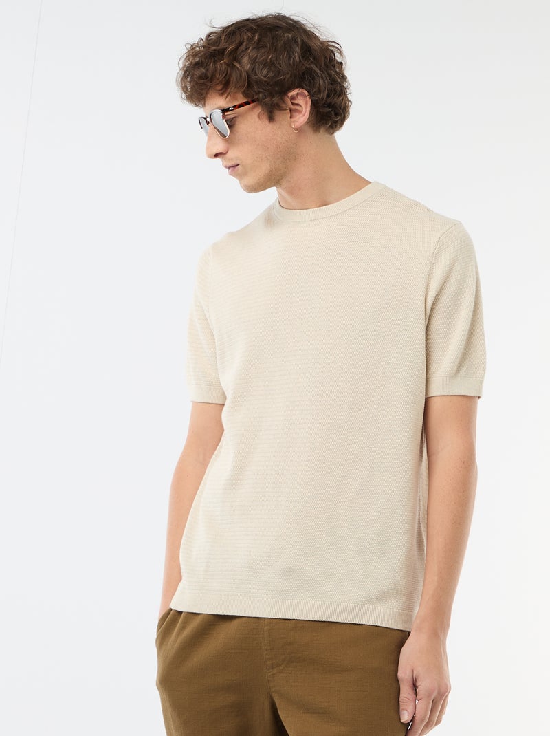T-shirt à manches courtes en matière fantaisie Beige - Kiabi