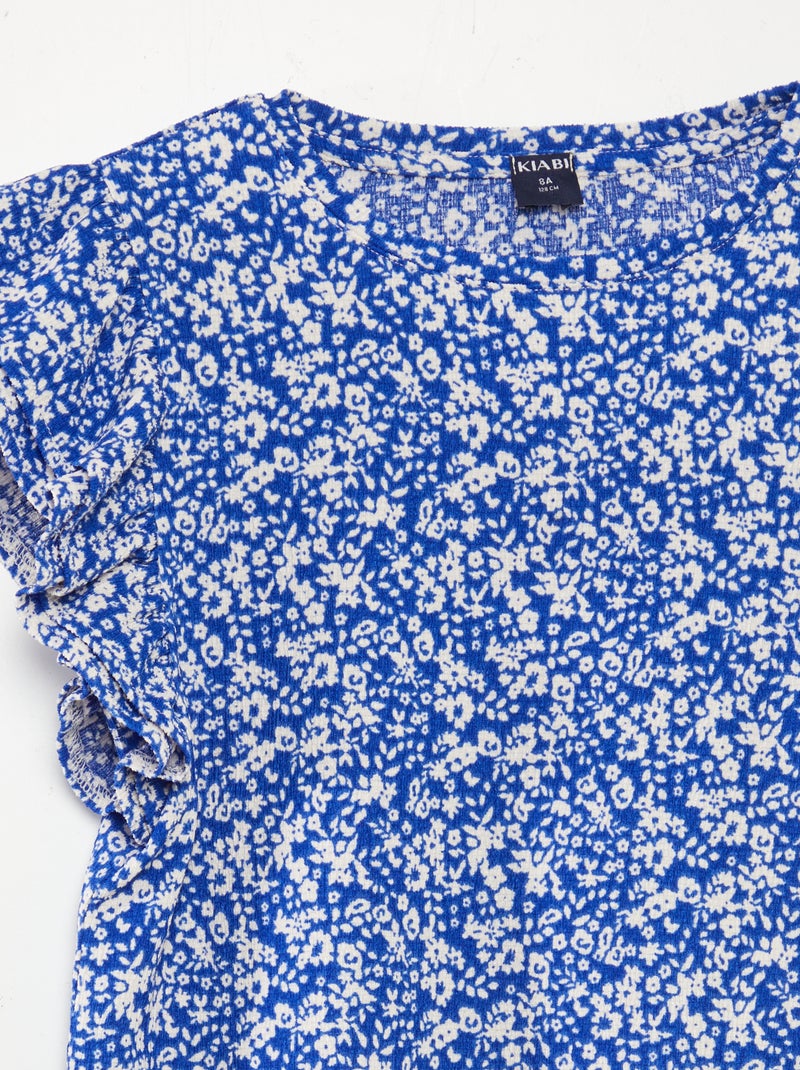 T-shirt à manches courtes volantées et à col rond avec imprimé BLEU - Kiabi