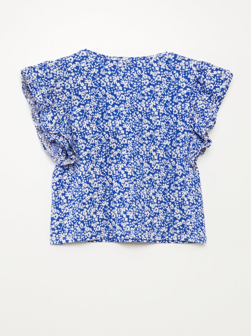 T-shirt à manches courtes volantées et à col rond avec imprimé BLEU - Kiabi