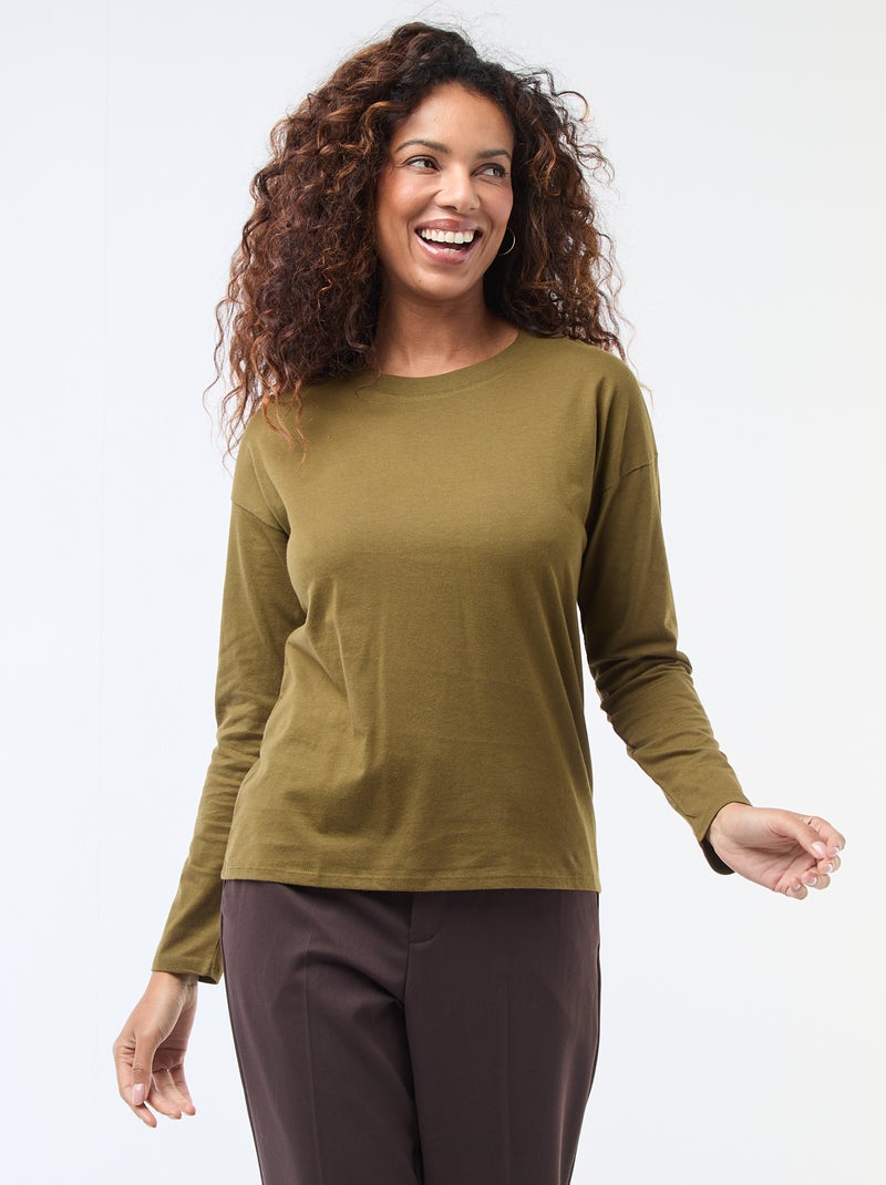 T-shirt à manches longue et col rond Kaki - Kiabi