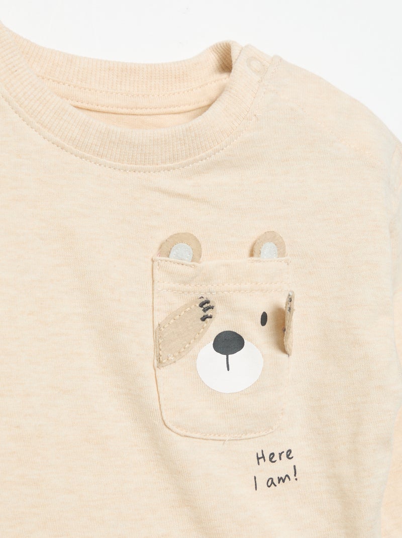 T-shirt à manches longues avec poche animée Beige - Kiabi