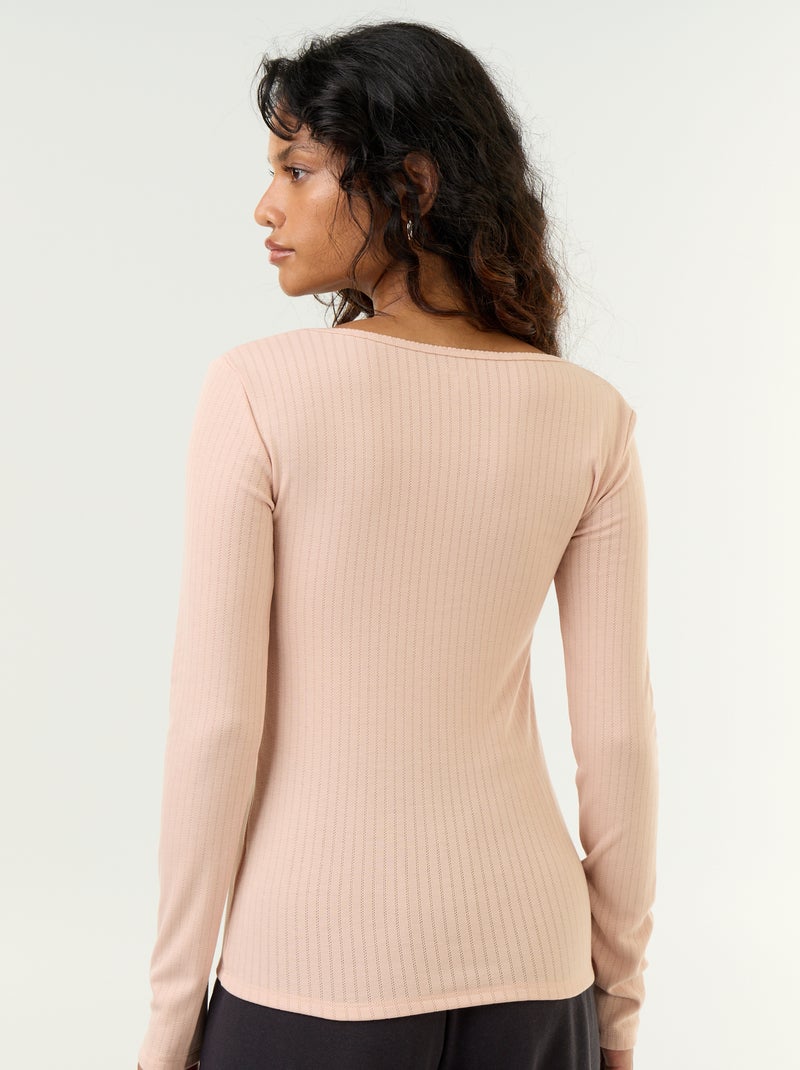T-shirt à manches longues en maille pointelle Rose - Kiabi