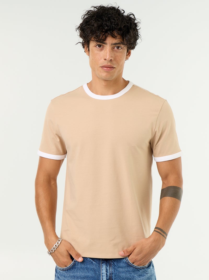 T-shirt a maniche corte e bordi a contrasto Beige - Kiabi