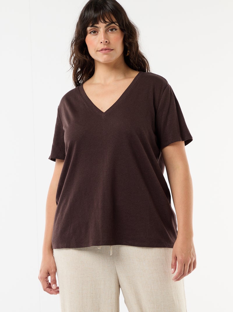 T-shirt basico scollo a V e maniche corte Marrone - Kiabi