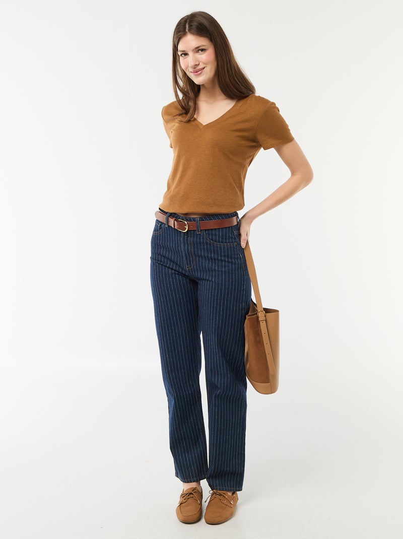 T-shirt basique à manches courtes col V Marron - Kiabi