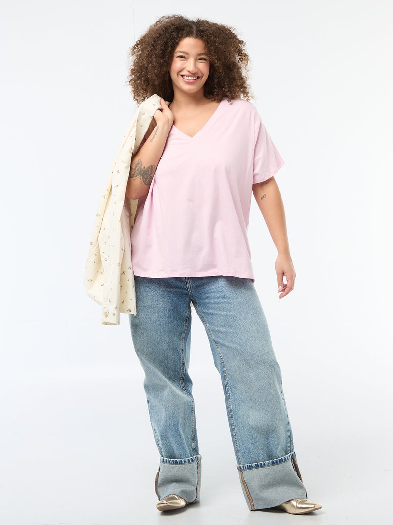 T-shirt basique à manches courtes et col V Rose - Kiabi