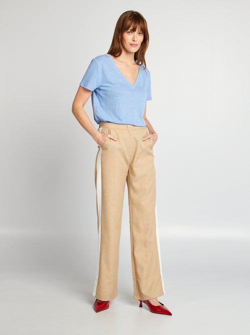 T-shirt basique col V en lin mélangé - Kiabi