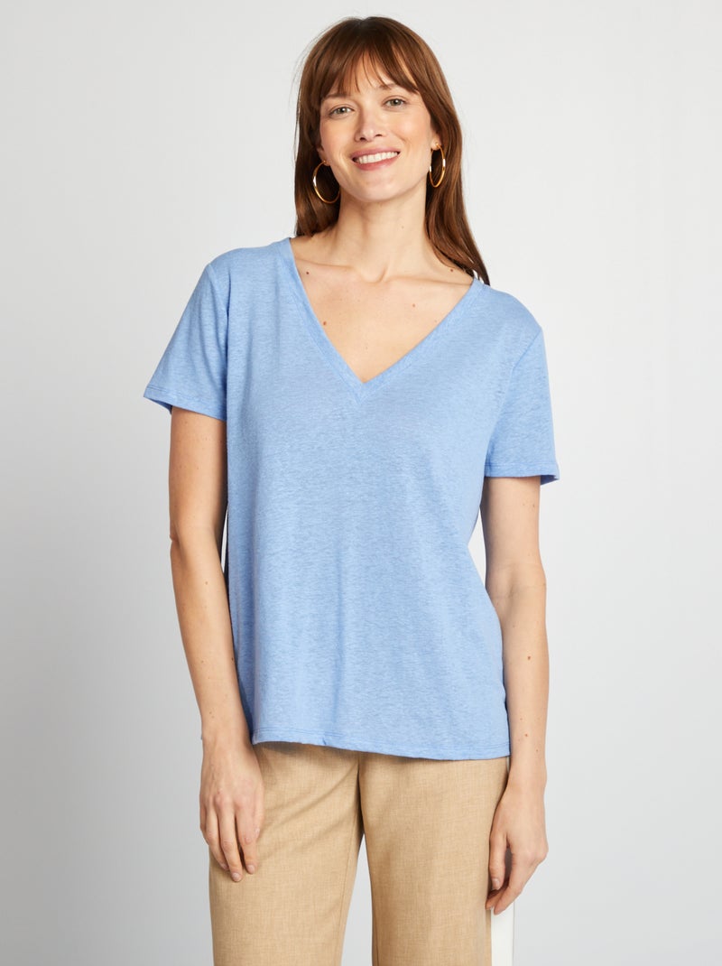 T-shirt basique col V en lin mélangé Bleu clair - Kiabi