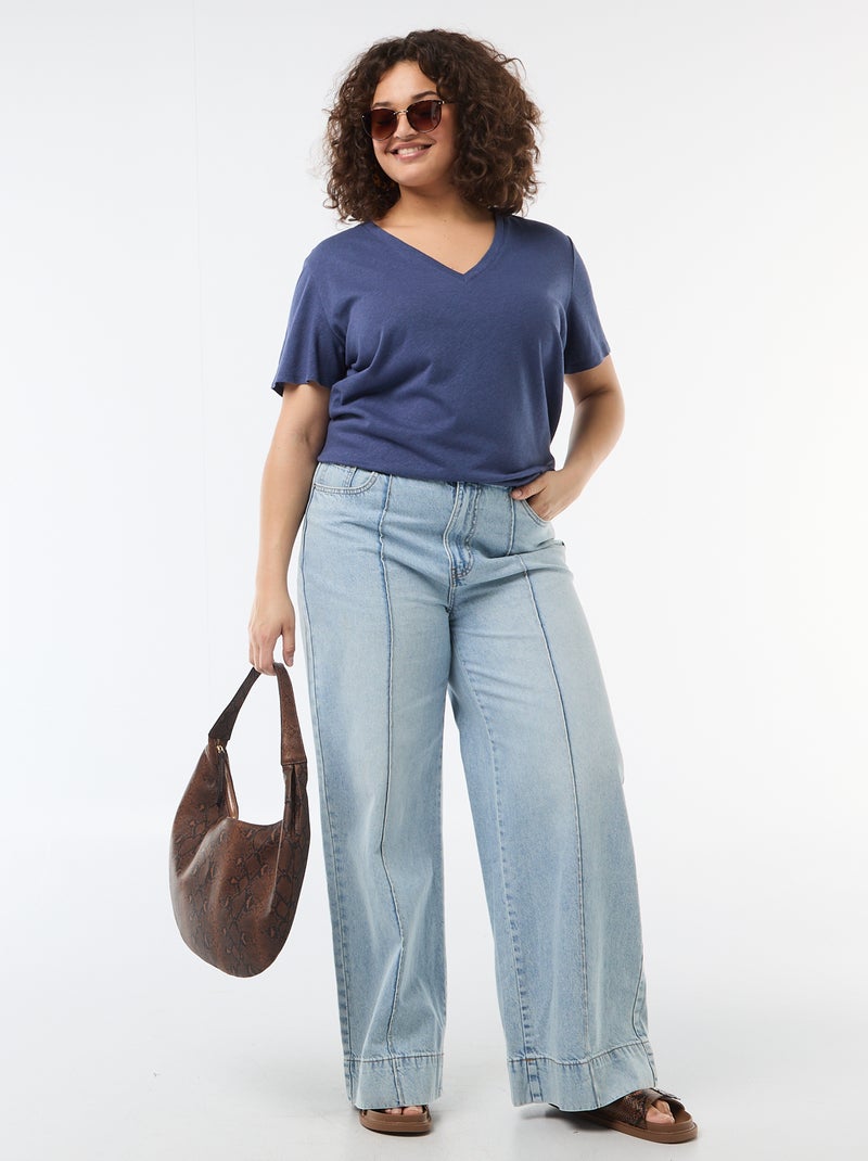 T-shirt basique col V et manches courtes Bleu - Kiabi