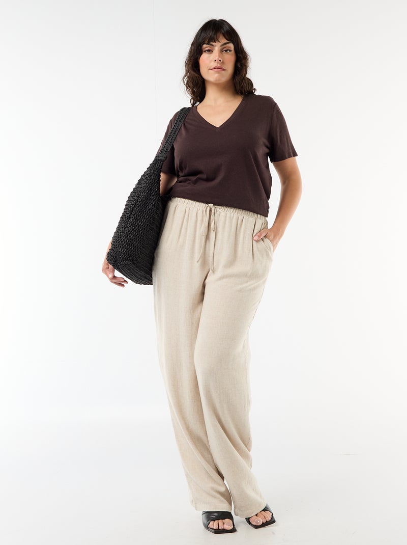 T-shirt basique col V et manches courtes Marron - Kiabi