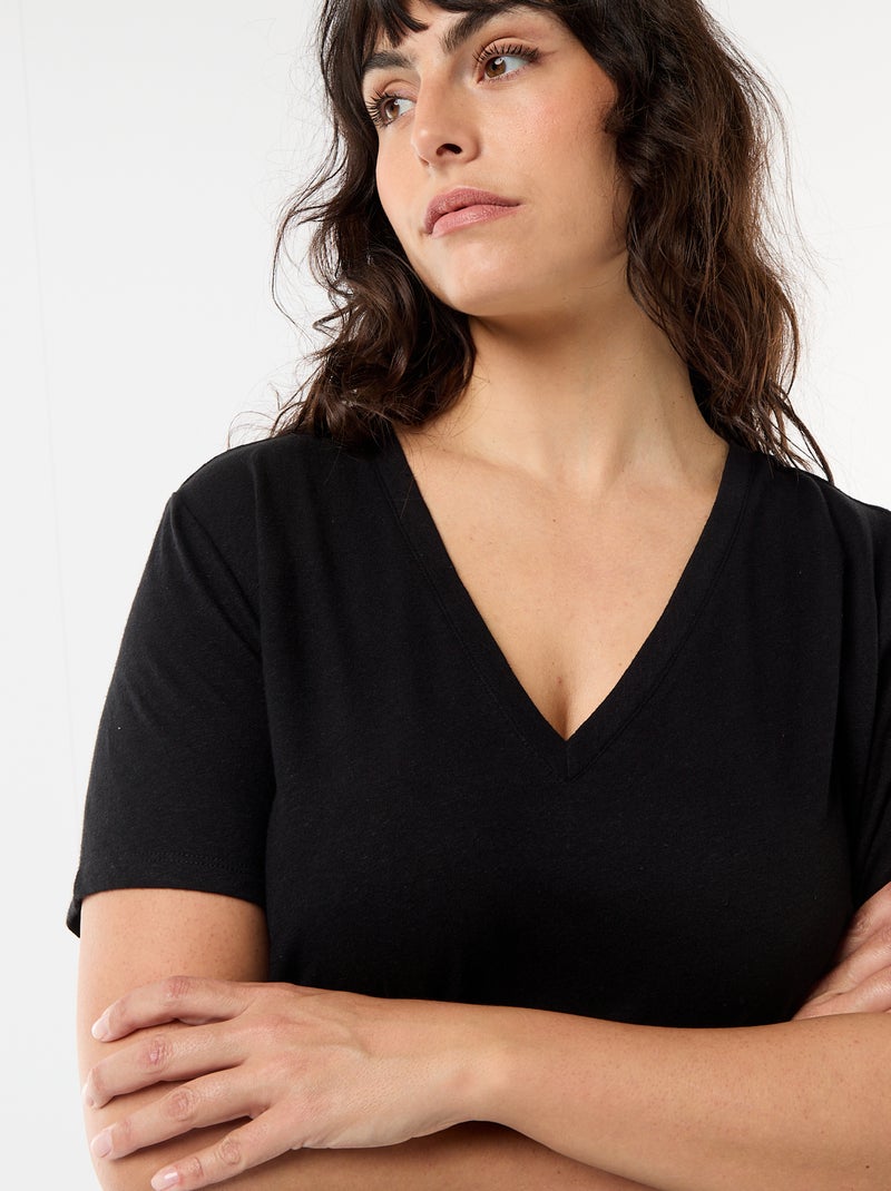 T-shirt basique col V et manches courtes Noir - Kiabi