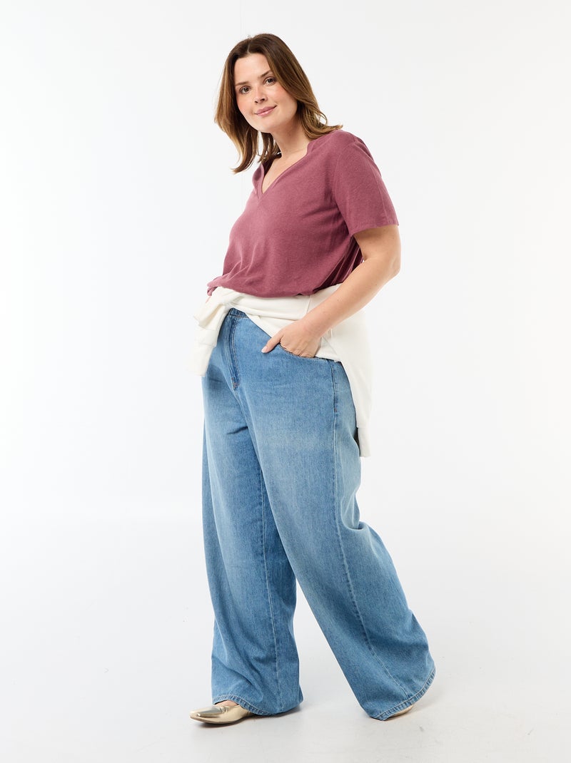 T-shirt basique col V et manches courtes Rose - Kiabi