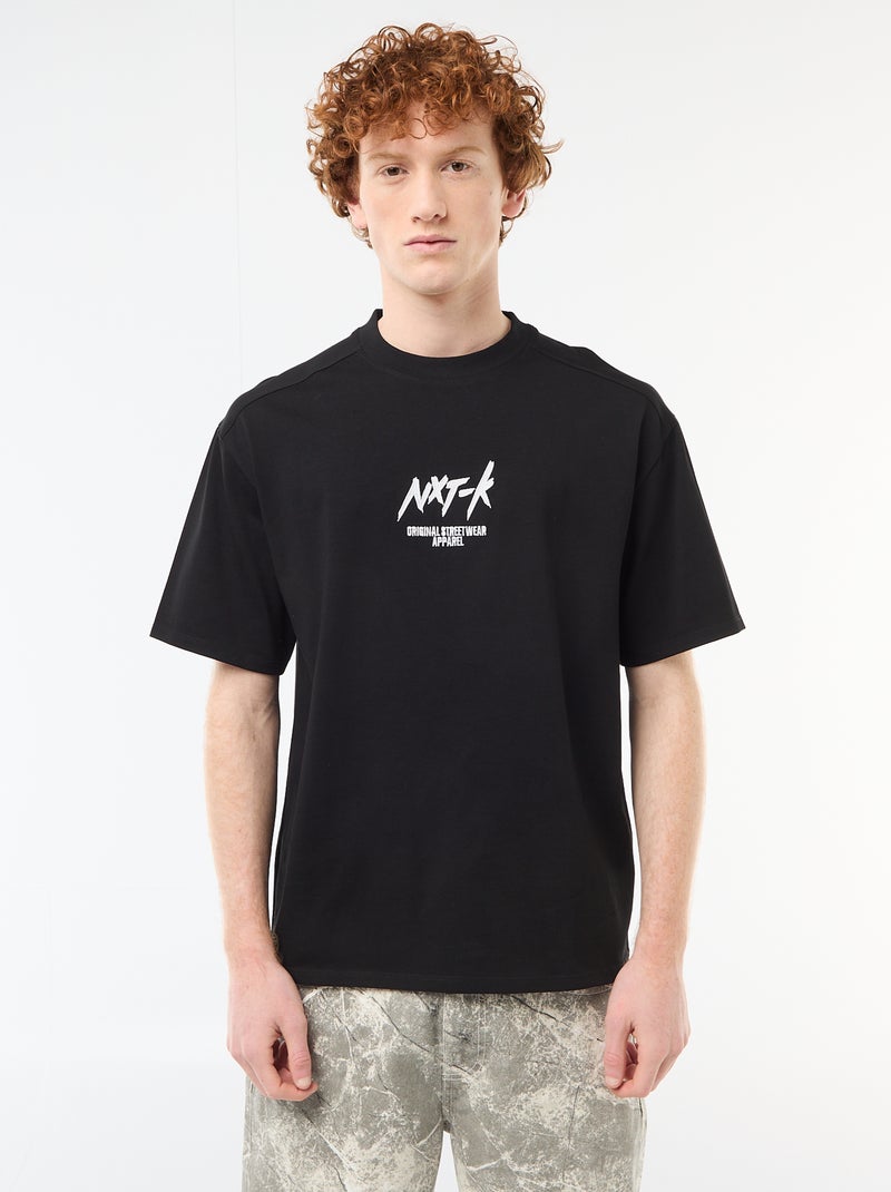 T-shirt col rond avec broderie contrastante Noir - Kiabi